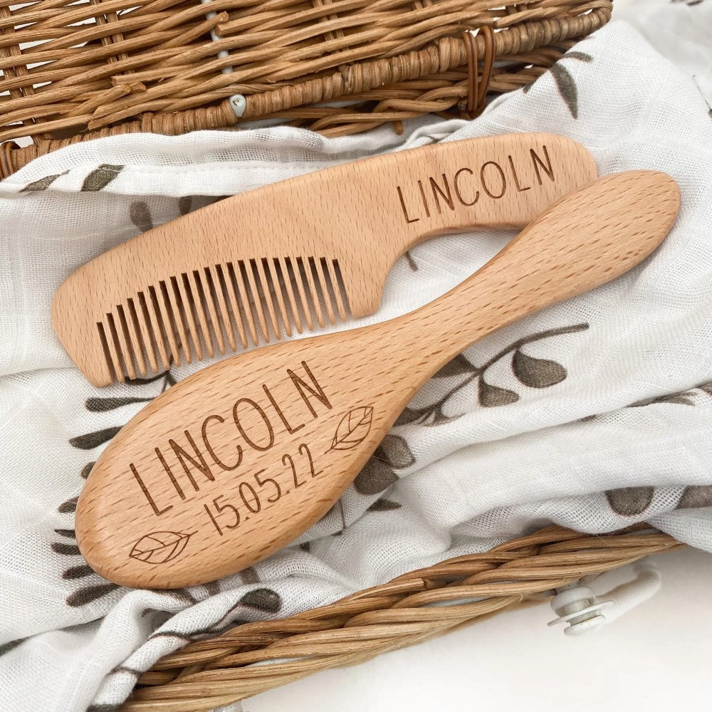 Personalised Baby Hair Brush (Goat Hair) & Comb Set (Name & Birthdate)