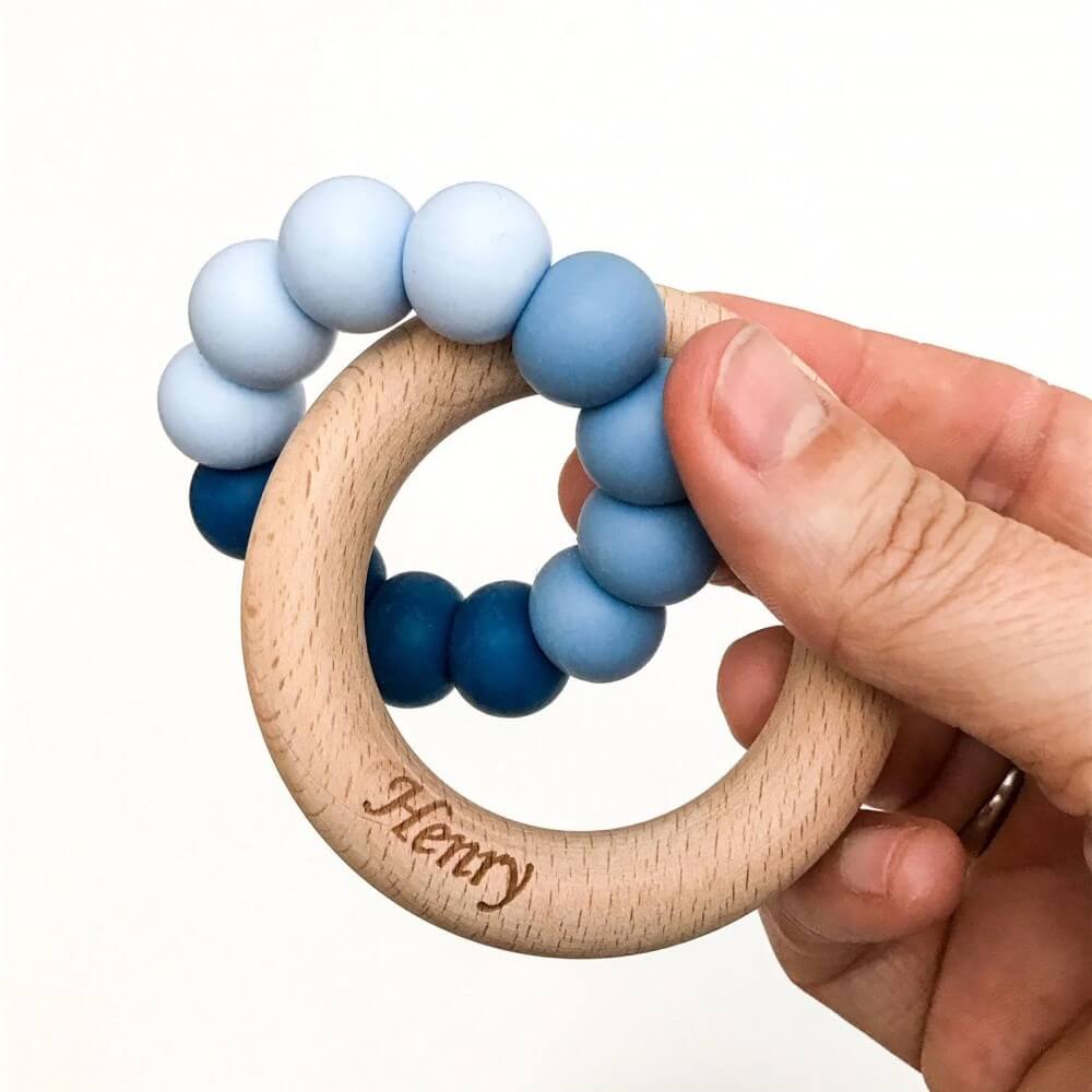 Personalised Silicone and Beech Wood Teether (Available in 12 Colors)