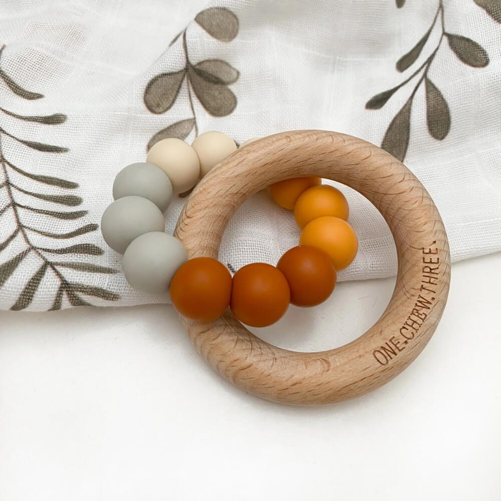Personalised Silicone and Beech Wood Teether (Available in 12 Colors)
