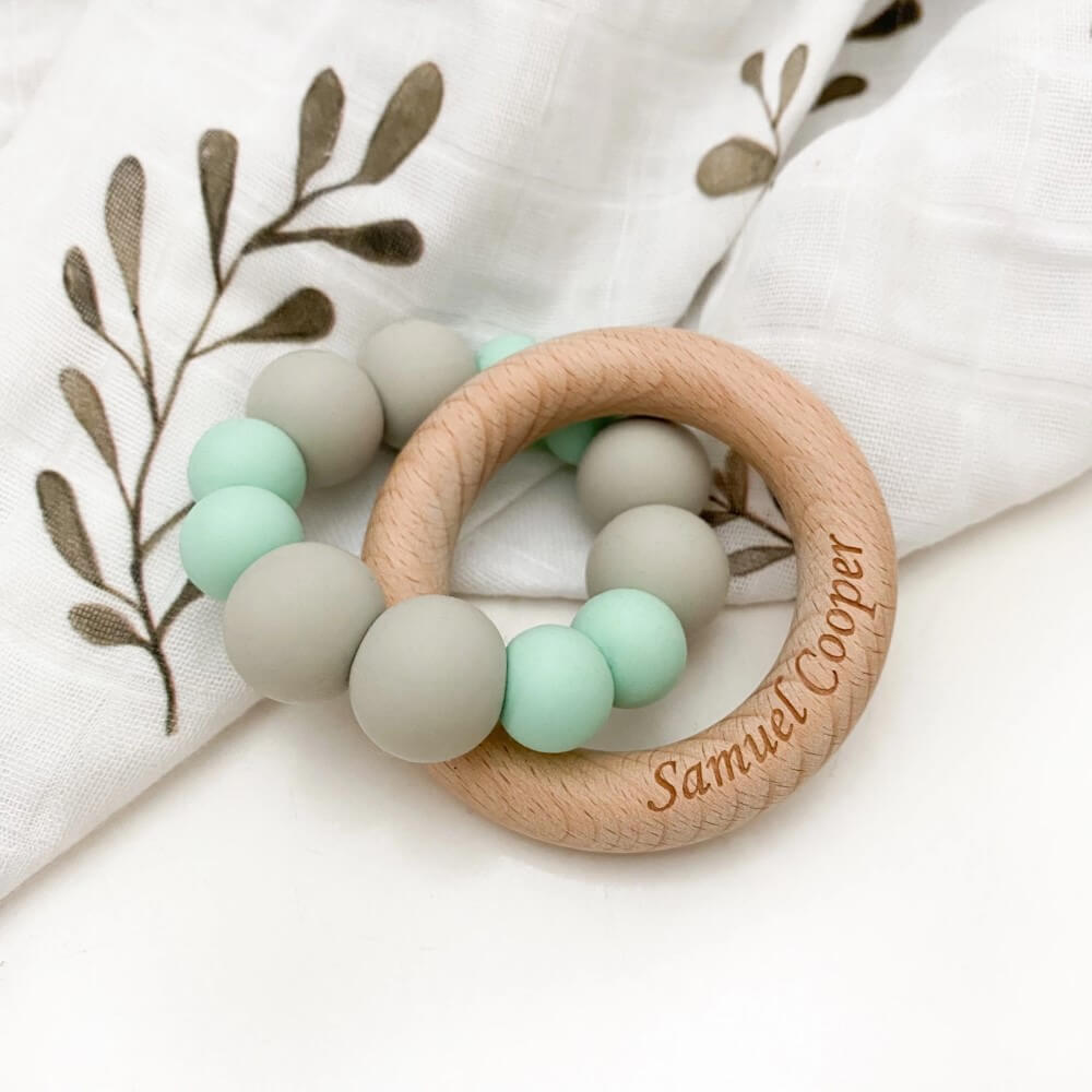 Personalised Silicone and Beech Wood Teether (Available in 12 Colors)