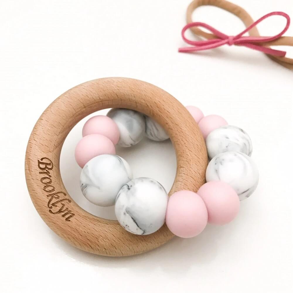 Personalised Silicone and Beech Wood Teether (Available in 12 Colors)