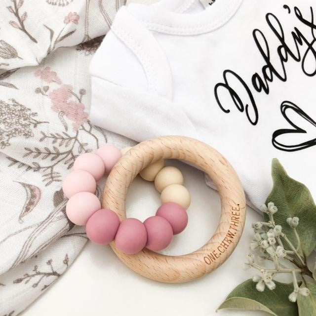 Personalised Silicone and Beech Wood Teether (Available in 12 Colors)