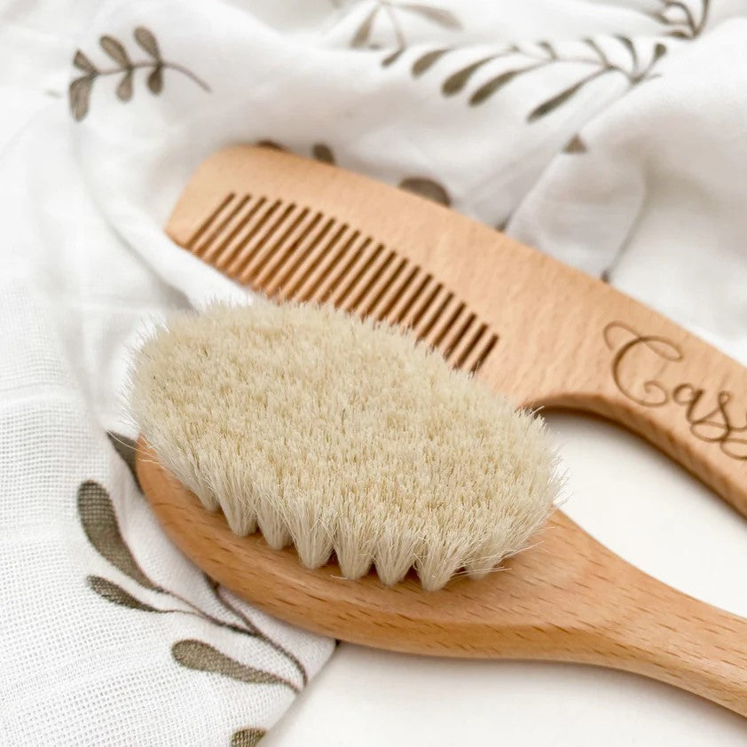 Personalised Baby Hair Brush (Goat Hair) & Comb Set (Name & Birthdate)