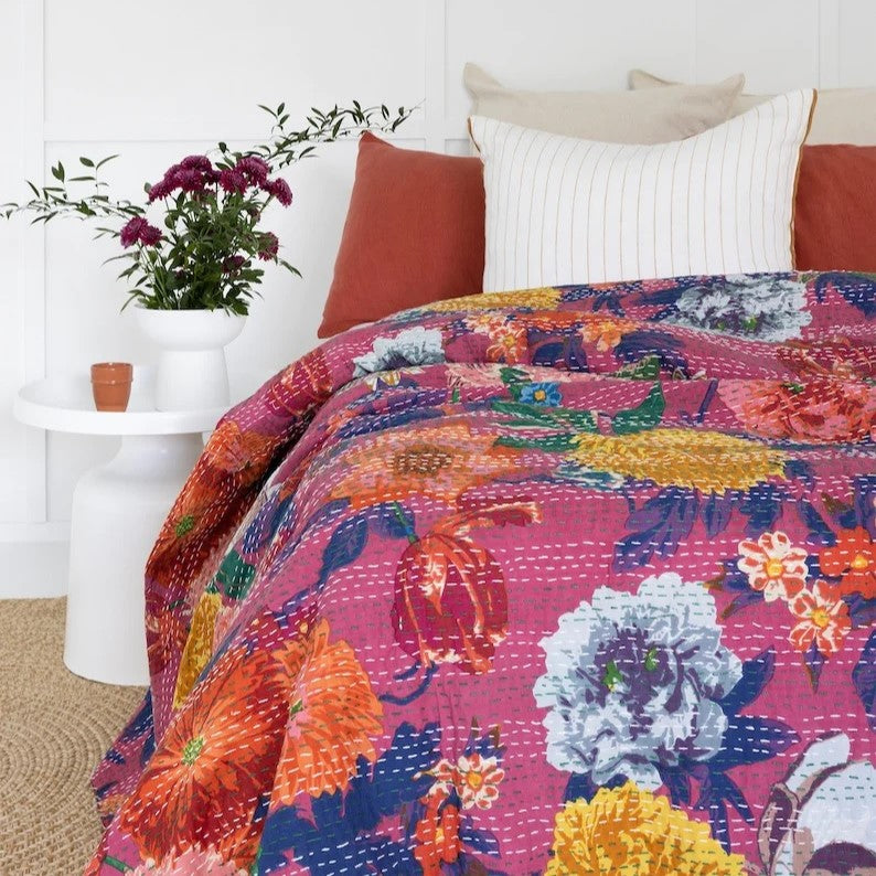 Pink Colorful Floral Designed Cotton Bedspread