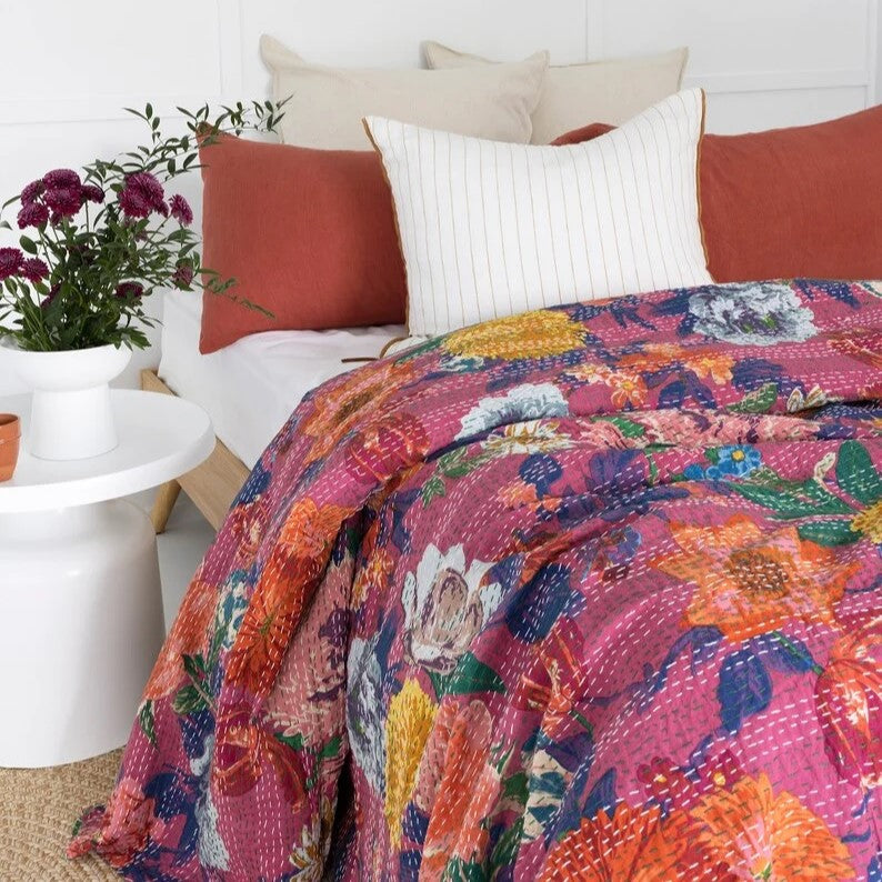 Pink Colorful Floral Designed Cotton Bedspread