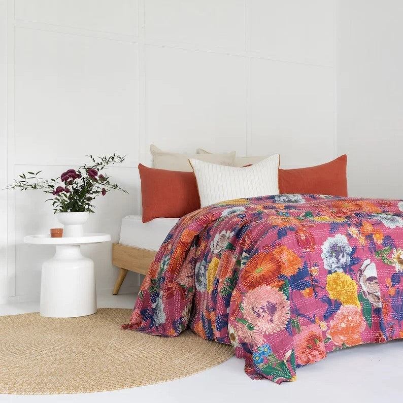 Pink Colorful Floral Designed Cotton Bedspread