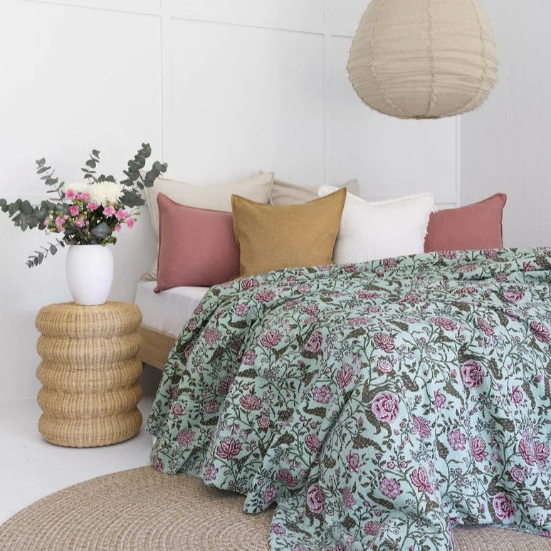 Pink Roses on Blue Hand Stitched Cotton Bedspread King Size