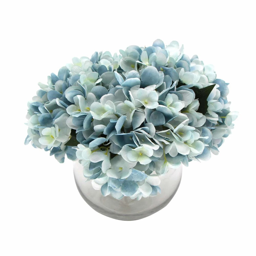 Premium Faux Hydrangea With Glass Vase 23cms - Blue