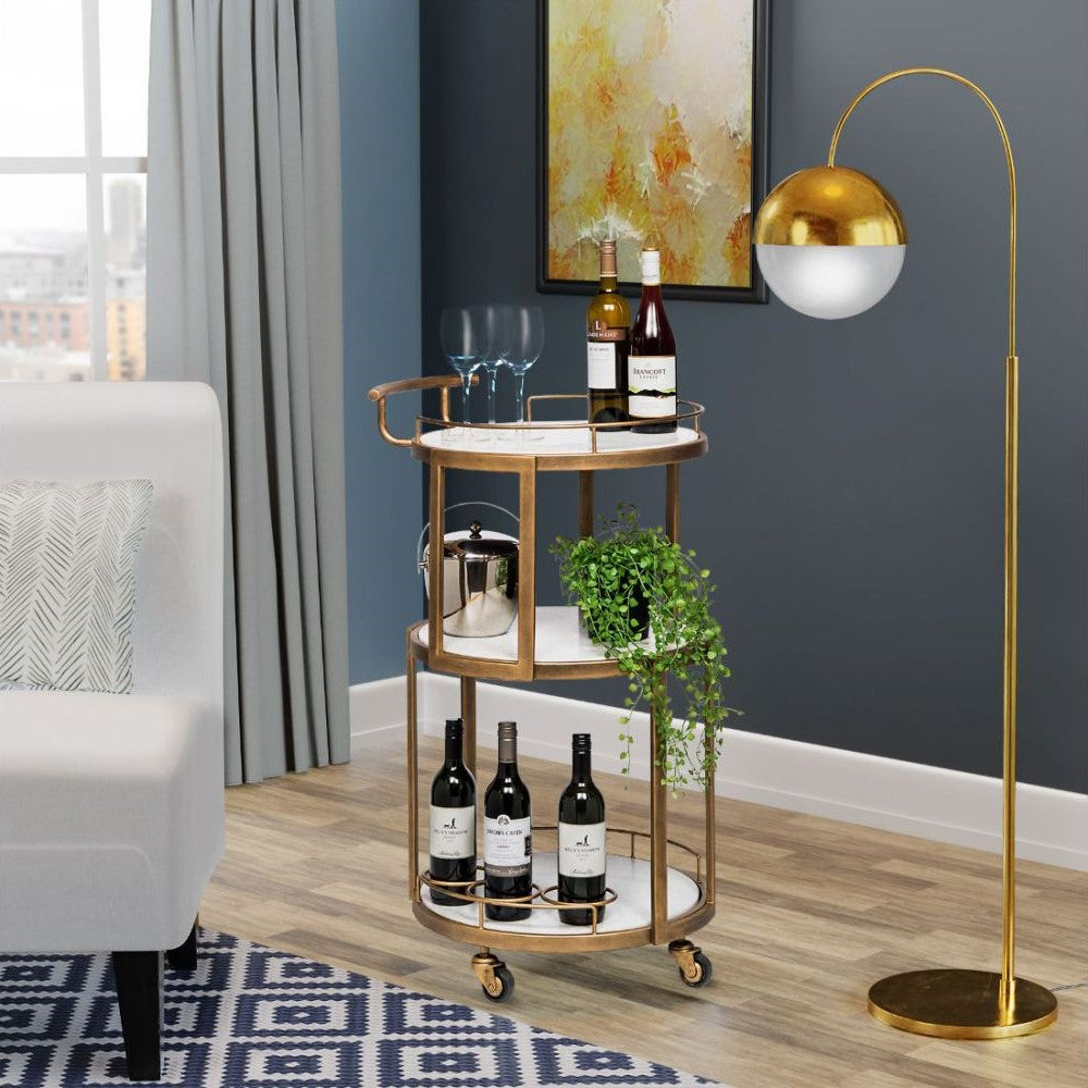 Circular White Marble 3 Tier Drinks Bar Cart