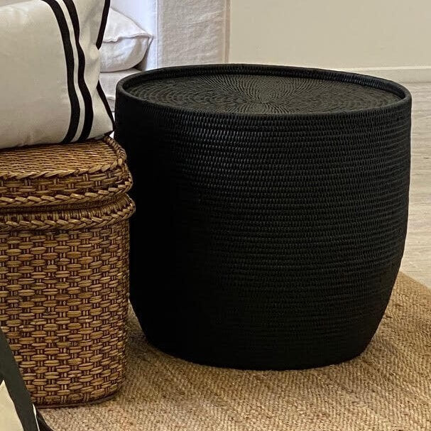 Rattan Drum Side Table - Black