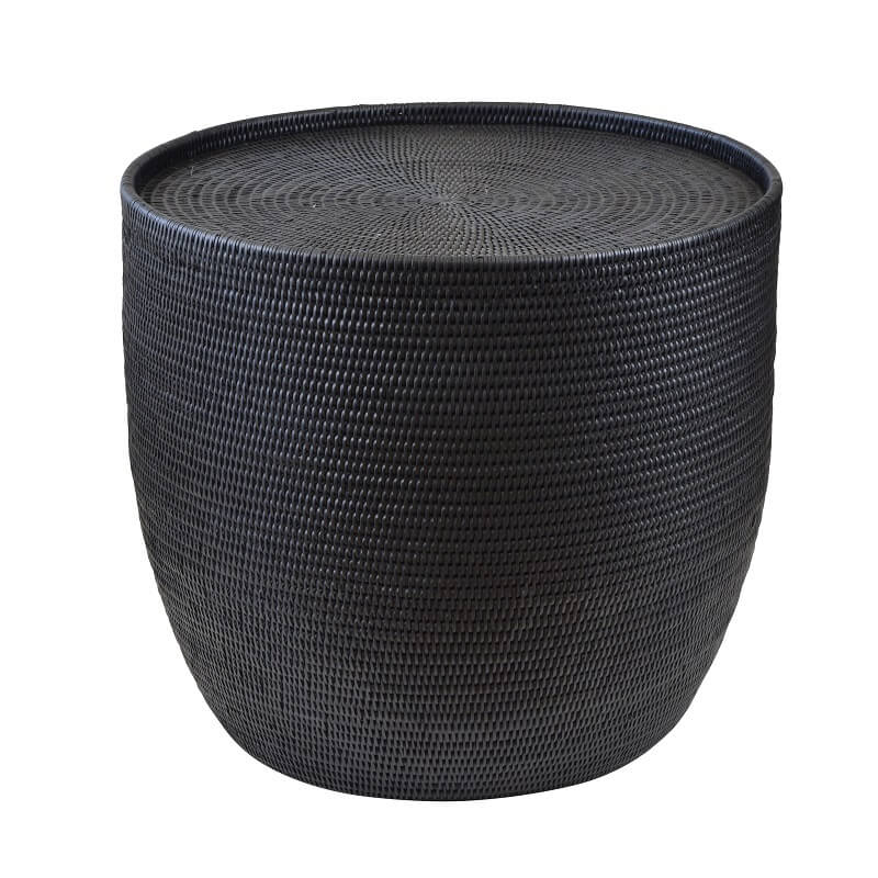 Rattan Drum Side Table - Black