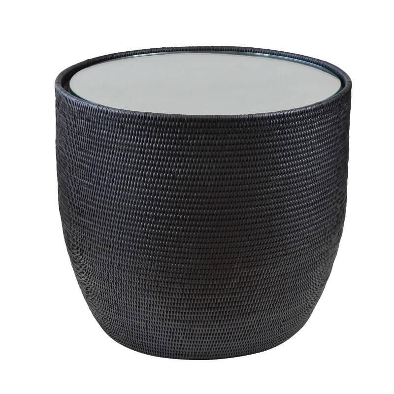 Rattan Drum Side Table With Glass Top - Black