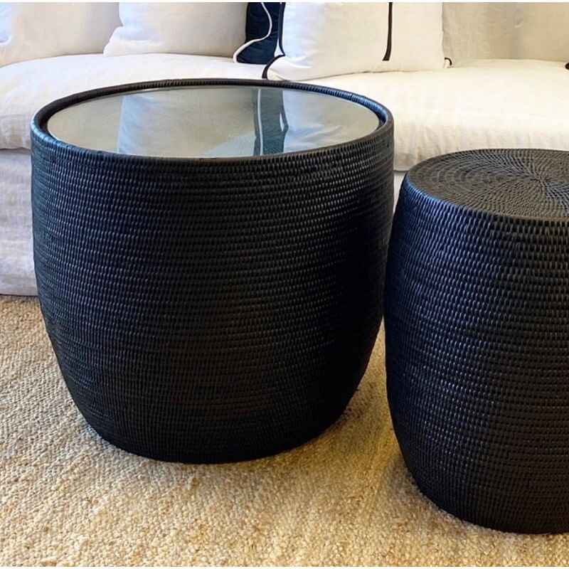 Rattan Drum Side Table With Glass Top - Black