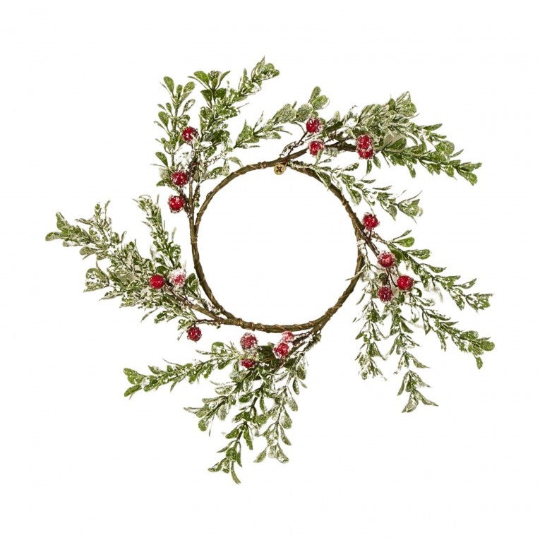 Artificial Red Berries Frosted Mini Leaf Candle Ring