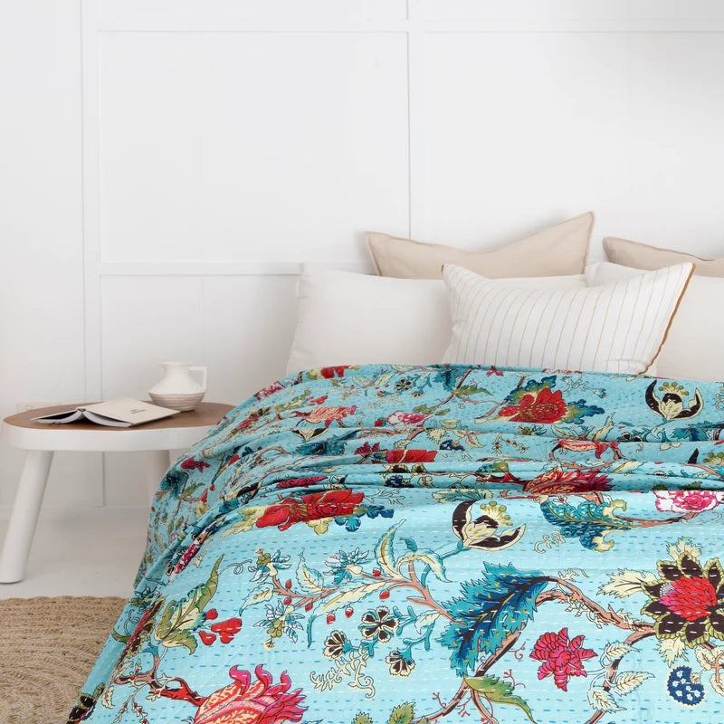 Red Florals in Blue Cotton Bedspread