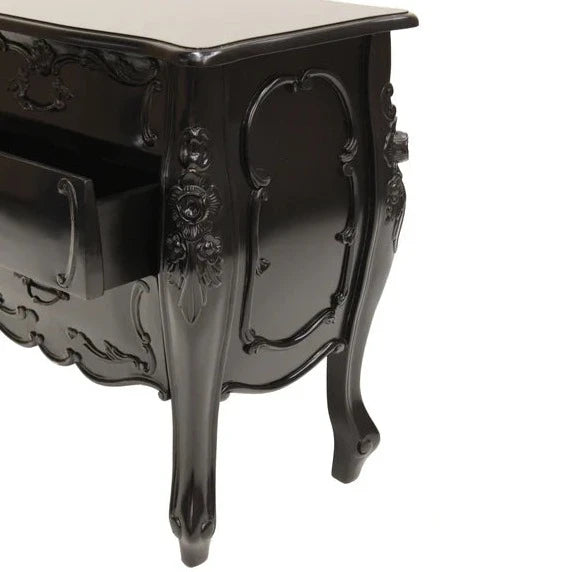 Refined Rococo Three-Drawer Nightstand - Black