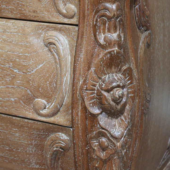 Refined Rococo Three-Drawer Nightstand - Weathered Oak