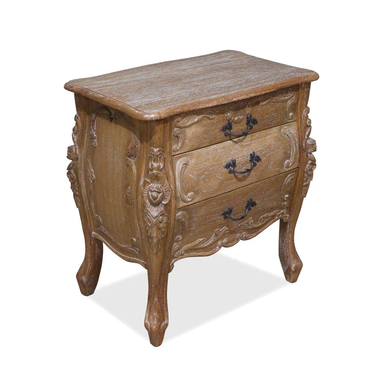 Refined Rococo Three-Drawer Nightstand - Weathered Oak