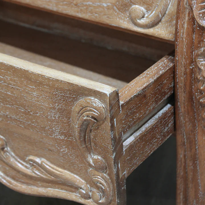 Refined Rococo Three-Drawer Nightstand - Weathered Oak