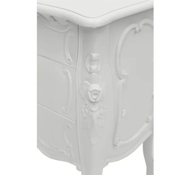 Refined Rococo Three-Drawer Nightstand - White