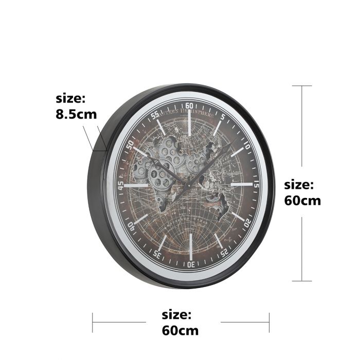 Round Atlas Hemisphere Exposed Gear Movement Wall Clock - 60cms