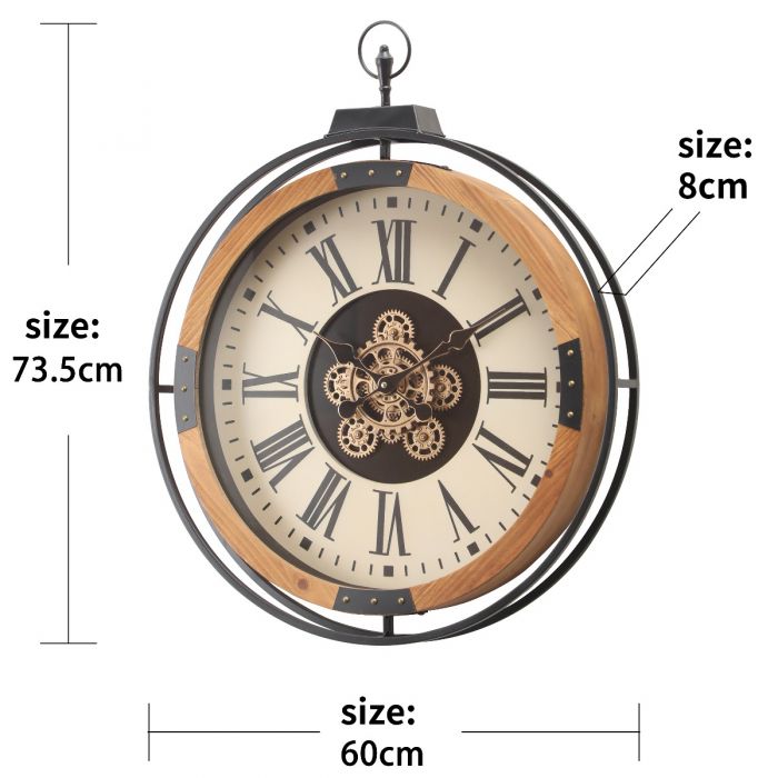 Round Clayton FOB Wooden Moving Cogs Wall Clock - 60cms