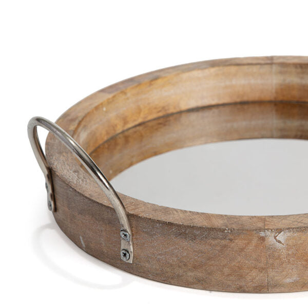 Round Mirror Mango Wood Tray with Handles - 33×11x13cms
