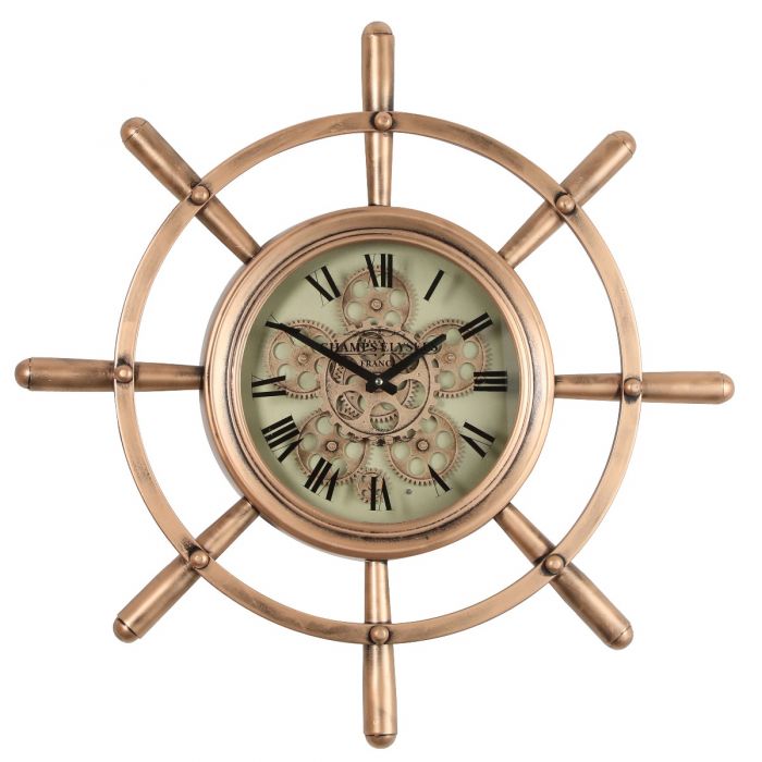 Round Nautical Wheel Exposed Gear Movement Wall Clock - 65cms