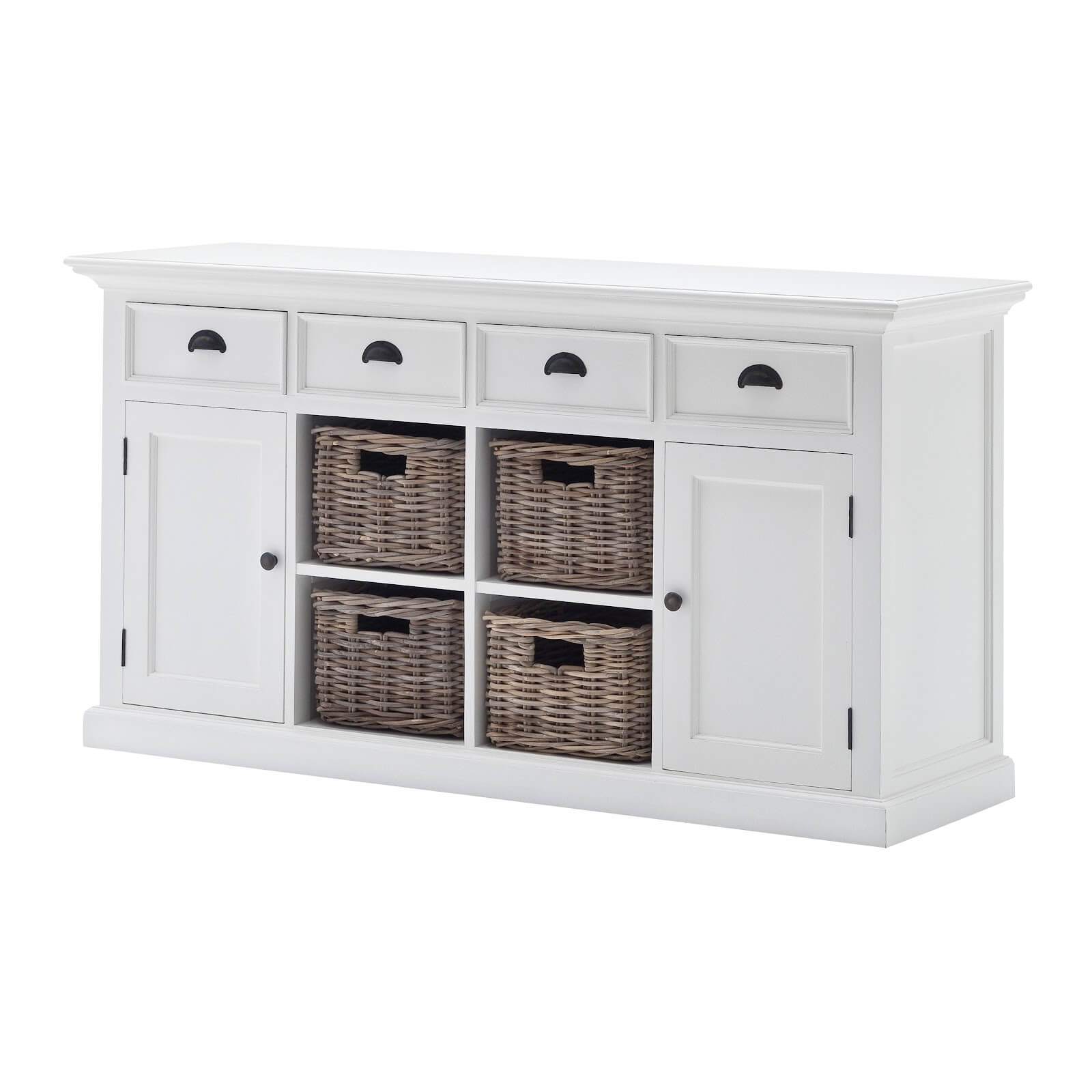 Classic Farmhouse Buffet 4 Drawers 2 Doors & 4 Baskets White