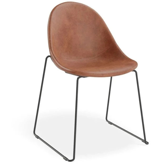 Rustic Vintage Brown Leather Sled Base - Black Dining Chair