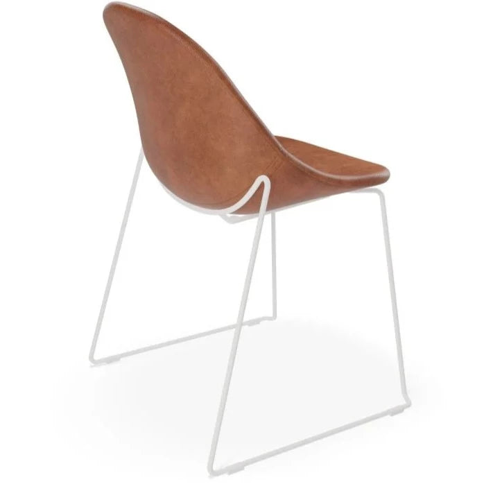 Rustic Vintage Brown Leather Sled Base - White Dining Chair