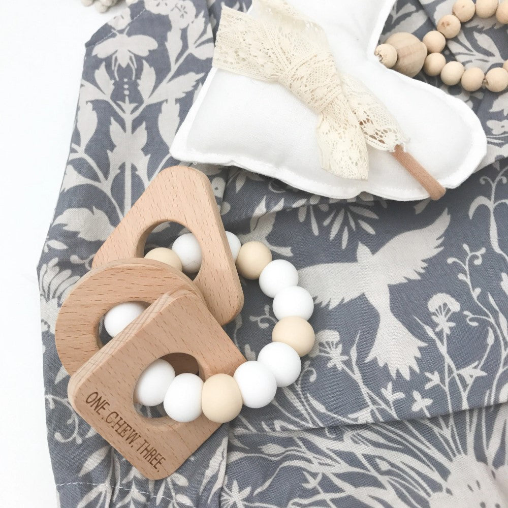 Personalised SHAPES Silicone and Wood Teether (Available in 6 Colours)