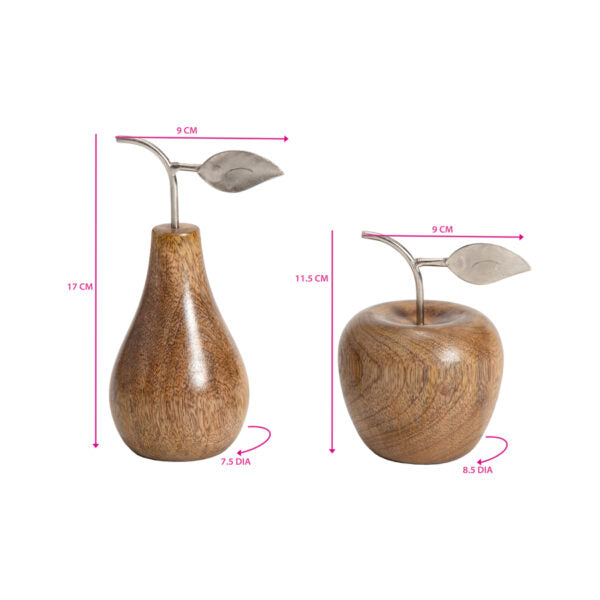 Set of 2 Asst Handcrafted Apple & Pear with Antique Silver Leaf 12.5cms