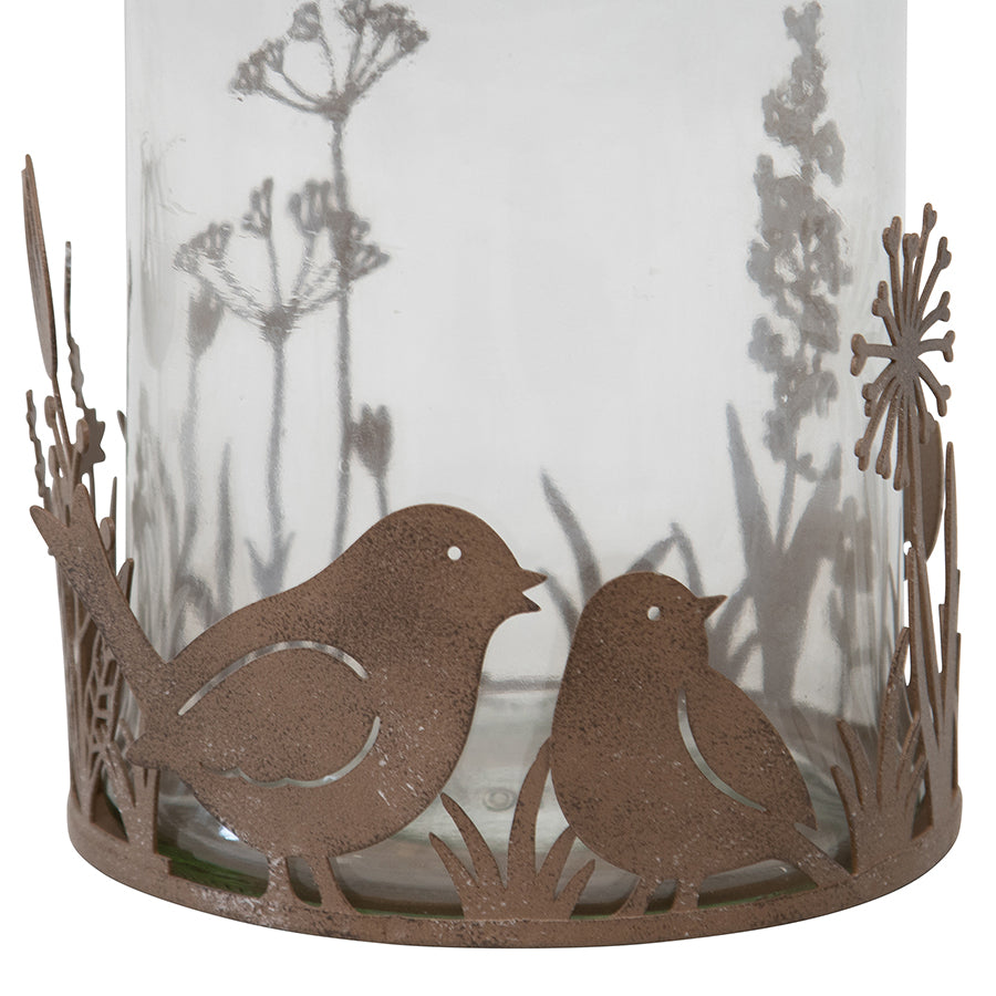 Set of 2 Glass Candleholders in Low Rust Base with Birds