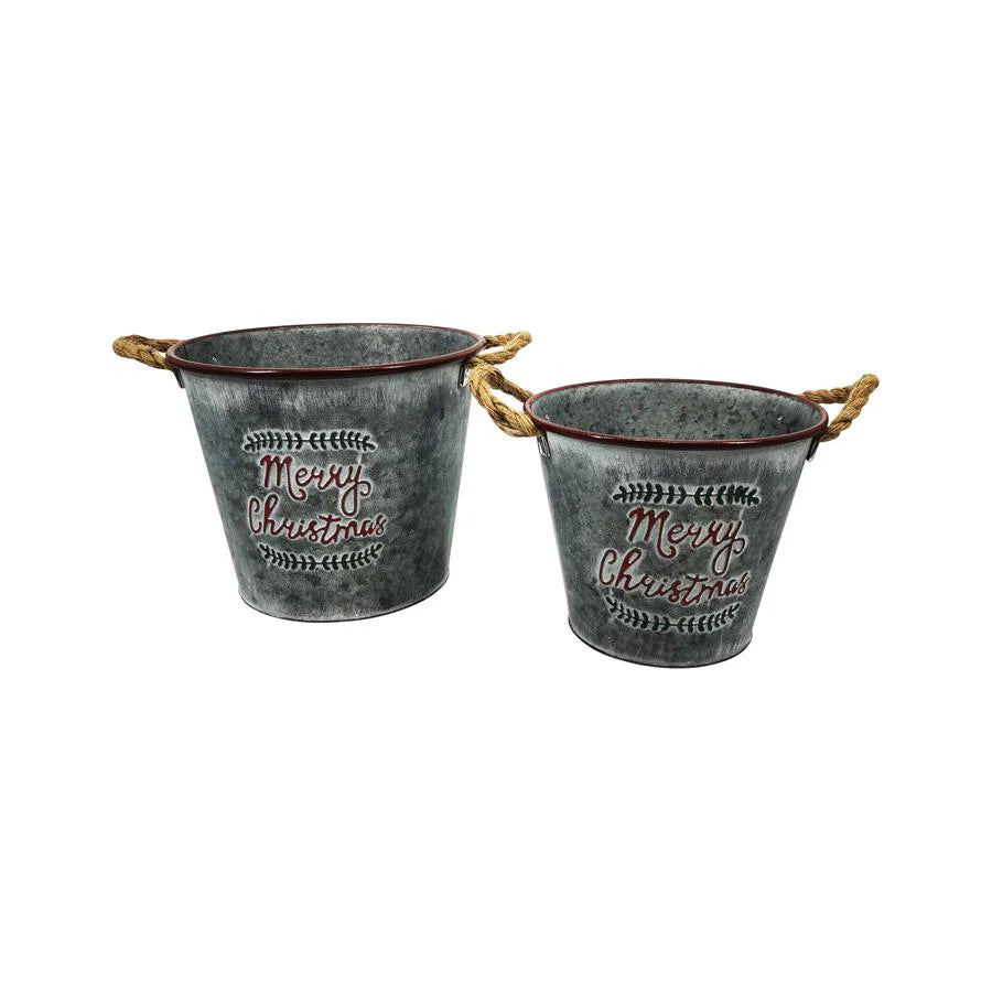 Set of 2 Nested XL Merry Xmas Buckets/Tree-Holders