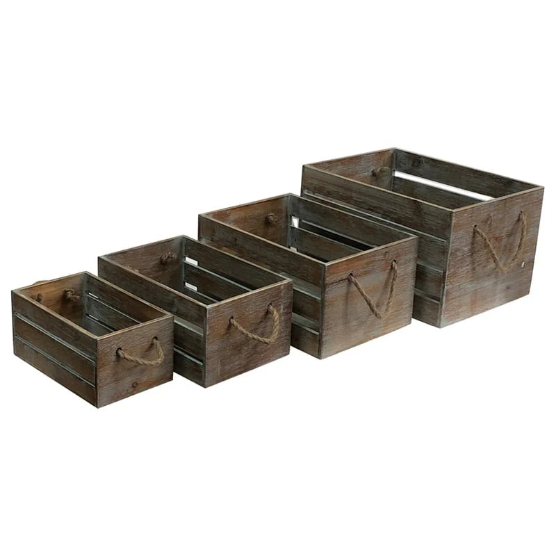 Set of 4 Nested Wooden Storage Crates with Rope Handles