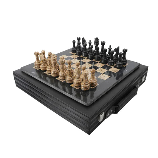 Stunning Marble 38cm Chess Set with Storage Box - Black & Coral