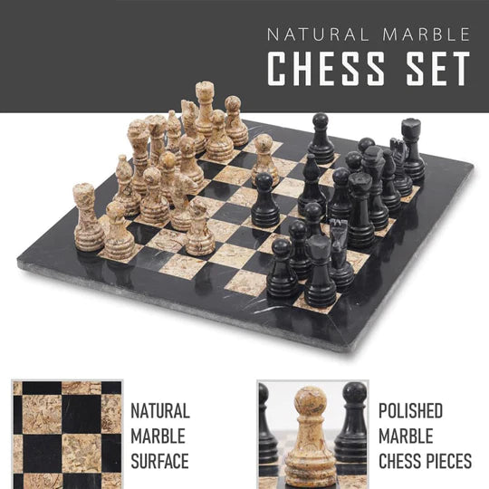 Stunning Marble 38cm Chess Set with Storage Box - Black & Coral