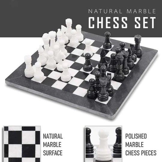 Stunning Marble 38cm Chess Set with Storage Box - Black & White