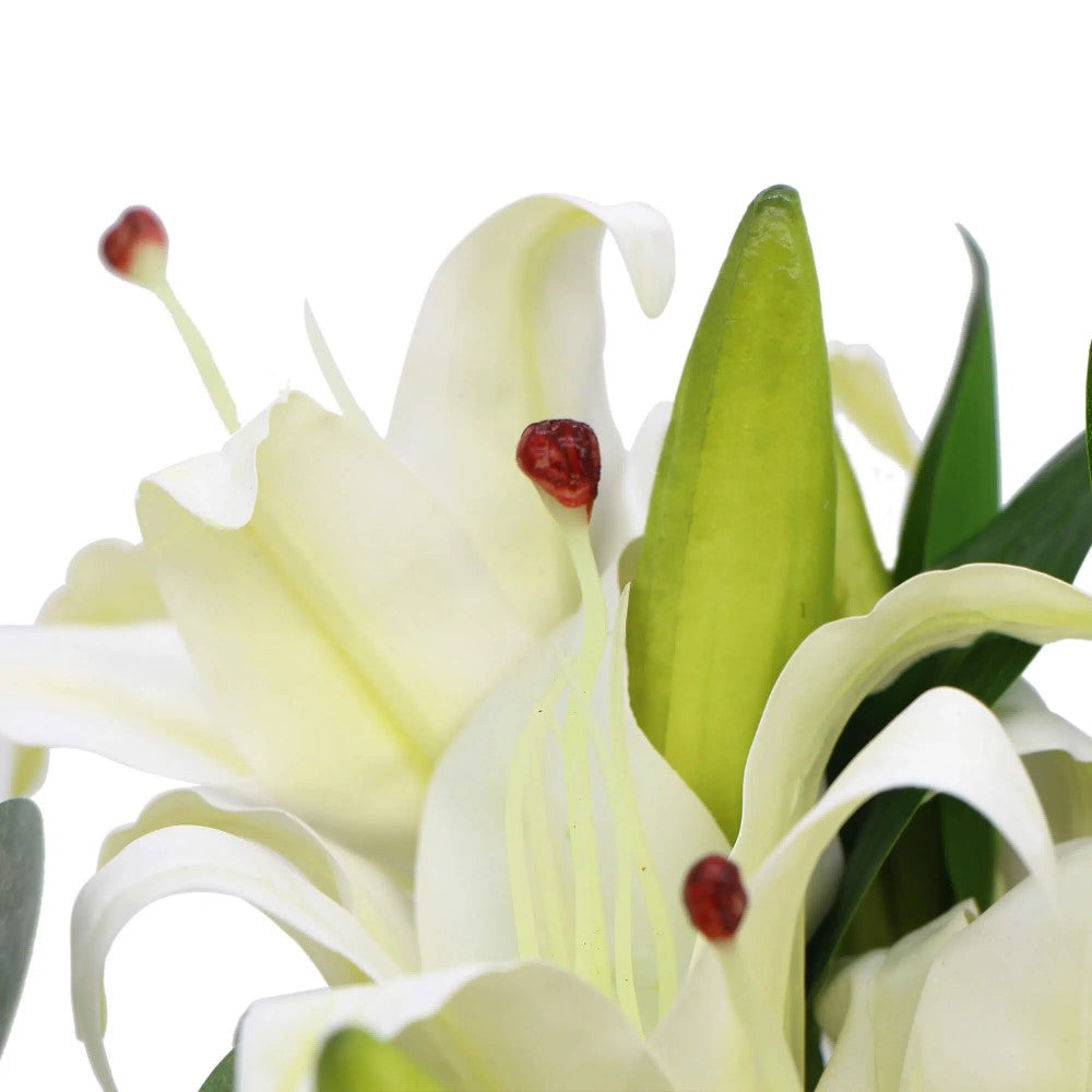 Tiger Lily Bouquet With Eucalyptus In Glass Vase
