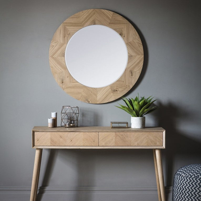 Wooden Veneer Frame Round Wall Mirror 90cms
