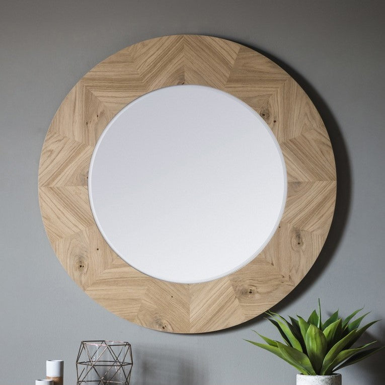 Wooden Veneer Frame Round Wall Mirror 90cms