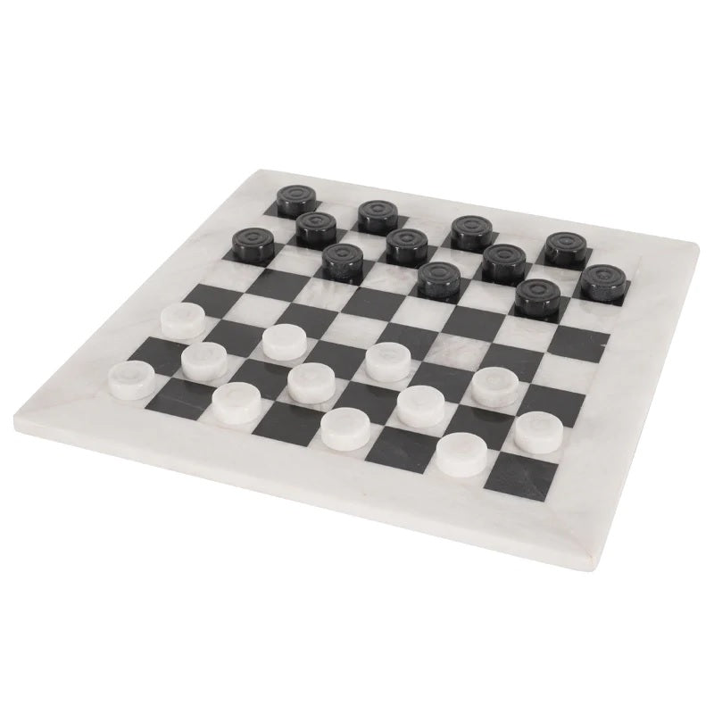 Traditional Handmade Marble Checkers Set 38cms - White & Black