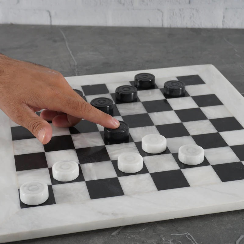 Traditional Handmade Marble Checkers Set 38cms - White & Black