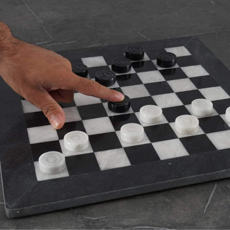 Traditional Handmade Marble Checkers Set 38cms - Black & White