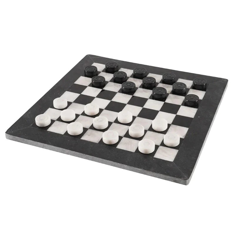 Traditional Handmade Marble Checkers Set 38cms - Black & White