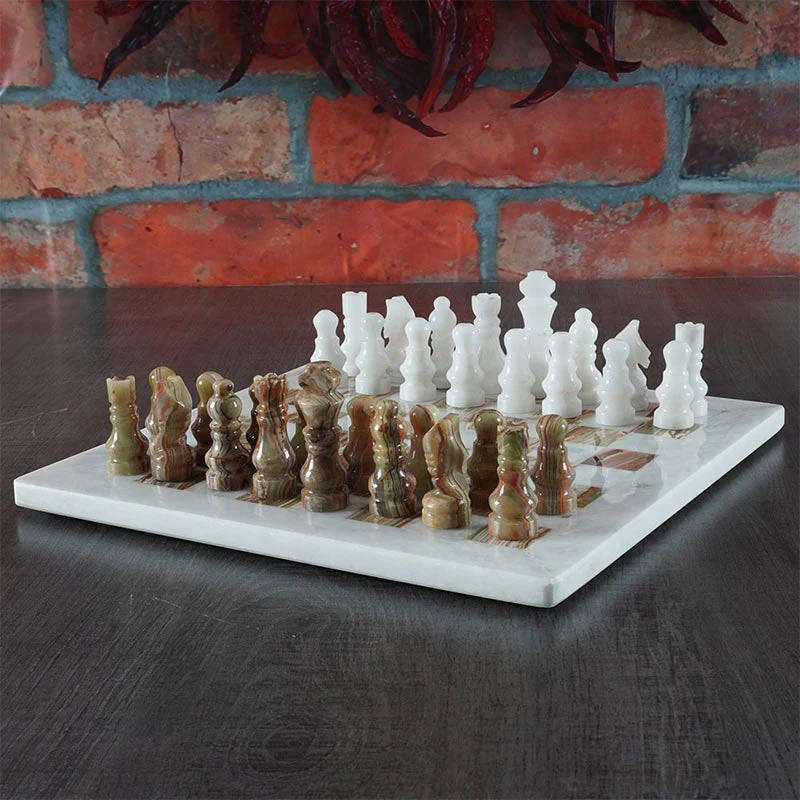 Traditional Handmade Marble Chess Set 30cms - White & Green