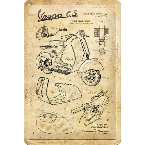 Vespa - Parts Sketches - Sign Board 20 x 30cm