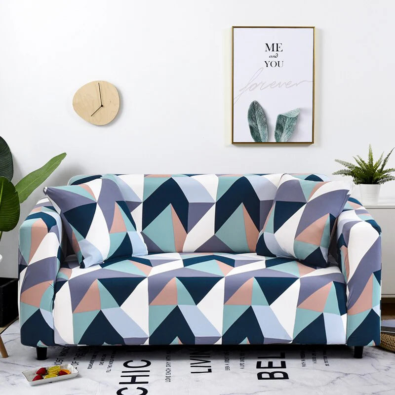 Vibrant Blue White Geometric Sofa Slipcover 3 - Seater