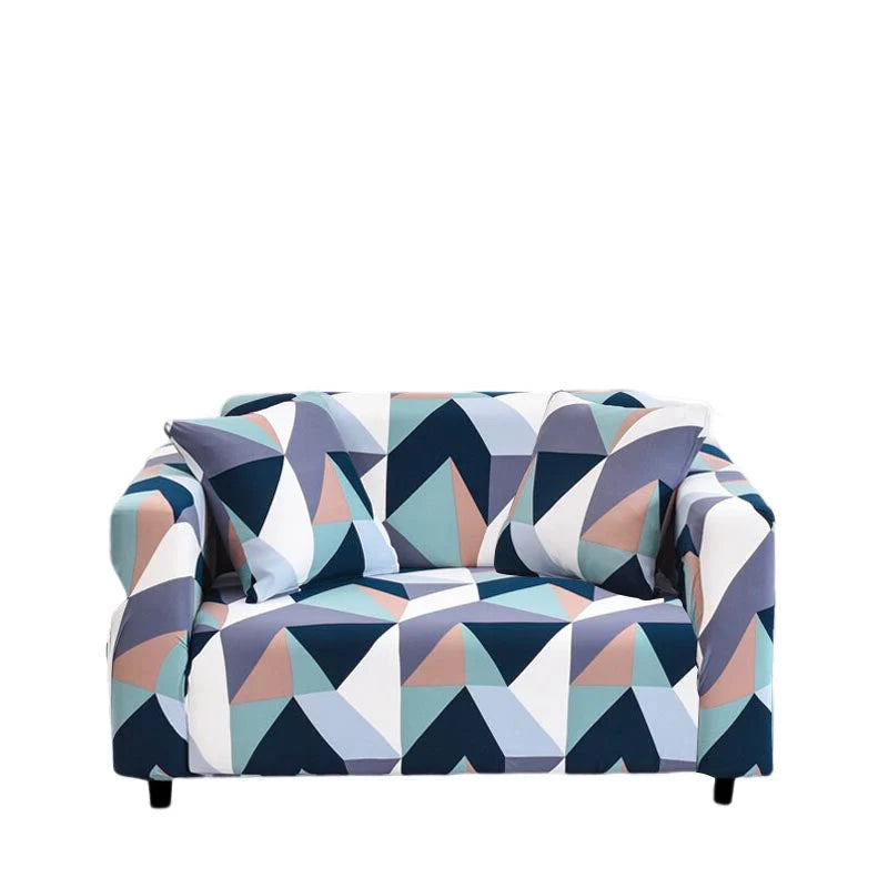 Vibrant Blue White Geometric Sofa Slipcover 2 - Seater